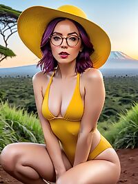 Tall enchanting woman with burgundy hair and small tits stands on Mount Kilimanjaro